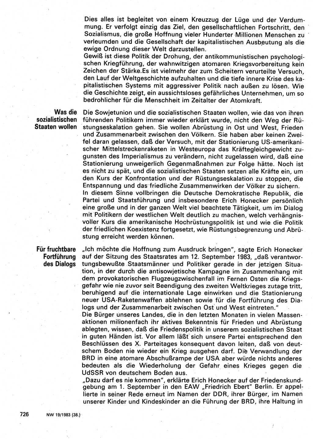 Neuer Weg (NW), Organ des Zentralkomitees (ZK) der SED (Sozialistische Einheitspartei Deutschlands) für Fragen des Parteilebens, 38. Jahrgang [Deutsche Demokratische Republik (DDR)] 1983, Seite 726 (NW ZK SED DDR 1983, S. 726)