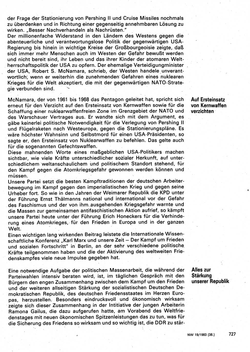 Neuer Weg (NW), Organ des Zentralkomitees (ZK) der SED (Sozialistische Einheitspartei Deutschlands) für Fragen des Parteilebens, 38. Jahrgang [Deutsche Demokratische Republik (DDR)] 1983, Seite 727 (NW ZK SED DDR 1983, S. 727)
