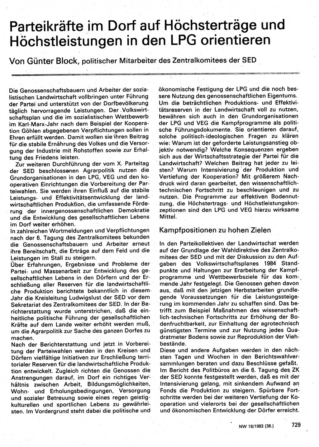 Neuer Weg (NW), Organ des Zentralkomitees (ZK) der SED (Sozialistische Einheitspartei Deutschlands) für Fragen des Parteilebens, 38. Jahrgang [Deutsche Demokratische Republik (DDR)] 1983, Seite 729 (NW ZK SED DDR 1983, S. 729)