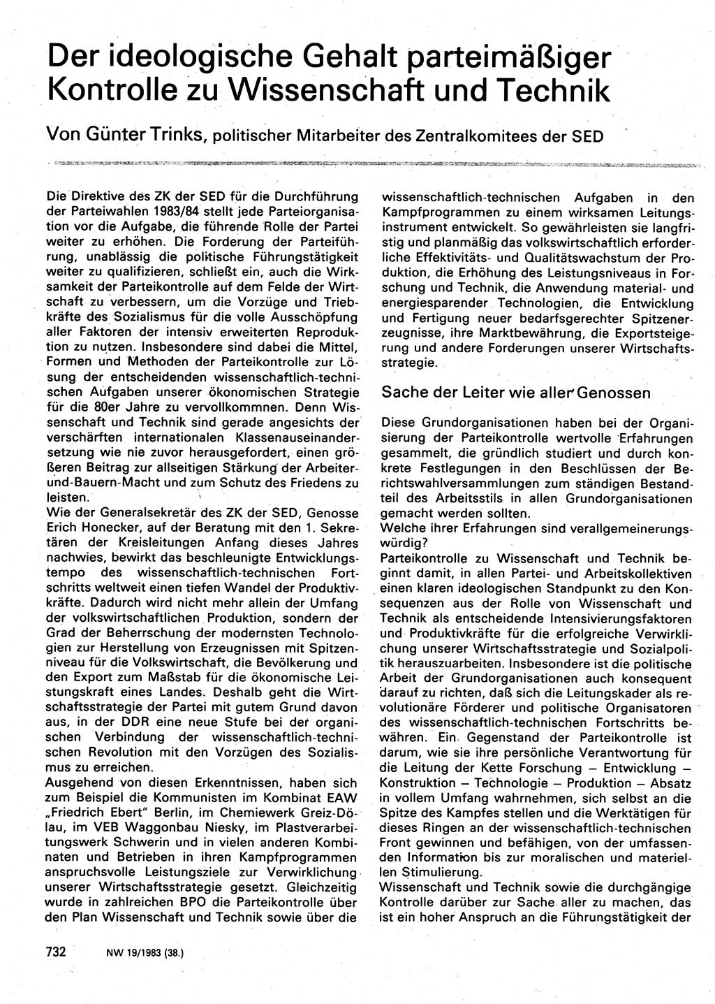 Neuer Weg (NW), Organ des Zentralkomitees (ZK) der SED (Sozialistische Einheitspartei Deutschlands) für Fragen des Parteilebens, 38. Jahrgang [Deutsche Demokratische Republik (DDR)] 1983, Seite 732 (NW ZK SED DDR 1983, S. 732)