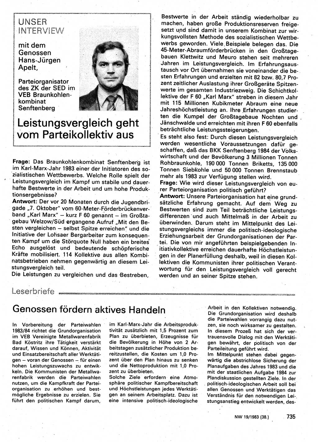 Neuer Weg (NW), Organ des Zentralkomitees (ZK) der SED (Sozialistische Einheitspartei Deutschlands) für Fragen des Parteilebens, 38. Jahrgang [Deutsche Demokratische Republik (DDR)] 1983, Seite 735 (NW ZK SED DDR 1983, S. 735)