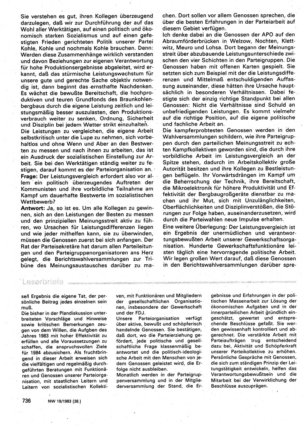 Neuer Weg (NW), Organ des Zentralkomitees (ZK) der SED (Sozialistische Einheitspartei Deutschlands) für Fragen des Parteilebens, 38. Jahrgang [Deutsche Demokratische Republik (DDR)] 1983, Seite 736 (NW ZK SED DDR 1983, S. 736)