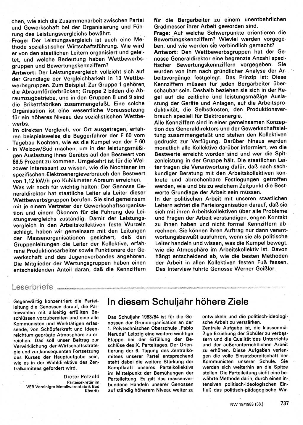Neuer Weg (NW), Organ des Zentralkomitees (ZK) der SED (Sozialistische Einheitspartei Deutschlands) für Fragen des Parteilebens, 38. Jahrgang [Deutsche Demokratische Republik (DDR)] 1983, Seite 737 (NW ZK SED DDR 1983, S. 737)