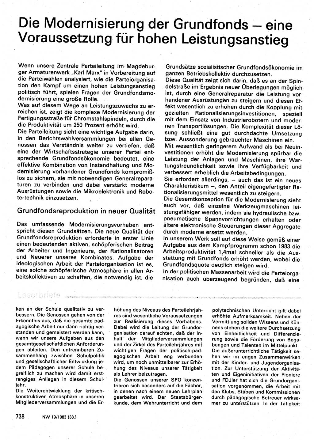 Neuer Weg (NW), Organ des Zentralkomitees (ZK) der SED (Sozialistische Einheitspartei Deutschlands) für Fragen des Parteilebens, 38. Jahrgang [Deutsche Demokratische Republik (DDR)] 1983, Seite 738 (NW ZK SED DDR 1983, S. 738)