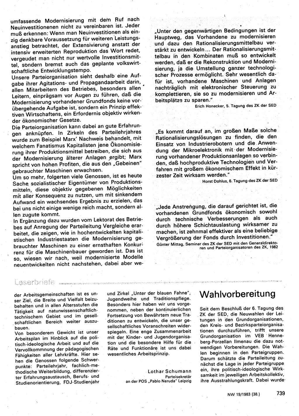 Neuer Weg (NW), Organ des Zentralkomitees (ZK) der SED (Sozialistische Einheitspartei Deutschlands) für Fragen des Parteilebens, 38. Jahrgang [Deutsche Demokratische Republik (DDR)] 1983, Seite 739 (NW ZK SED DDR 1983, S. 739)