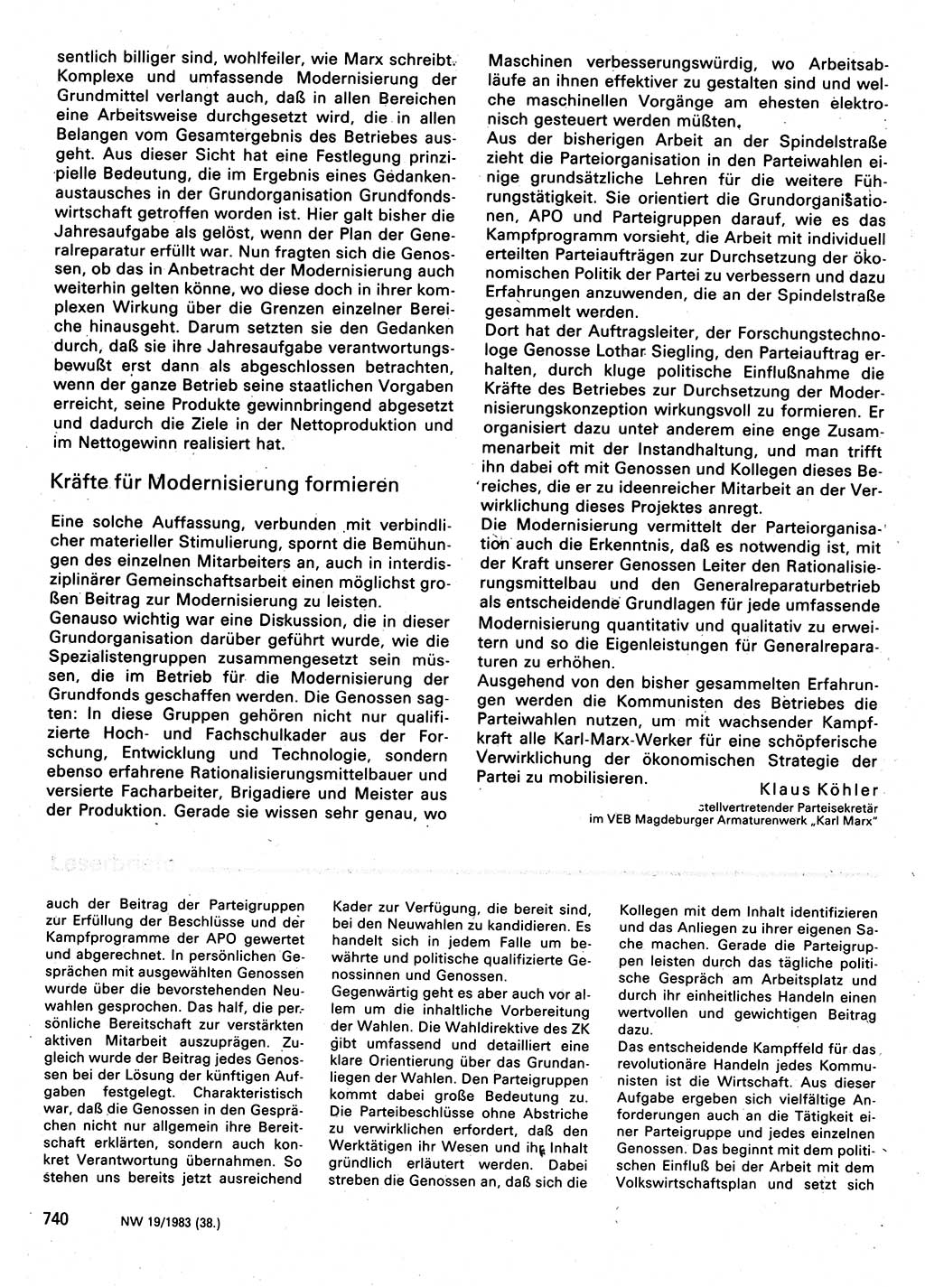 Neuer Weg (NW), Organ des Zentralkomitees (ZK) der SED (Sozialistische Einheitspartei Deutschlands) für Fragen des Parteilebens, 38. Jahrgang [Deutsche Demokratische Republik (DDR)] 1983, Seite 740 (NW ZK SED DDR 1983, S. 740)