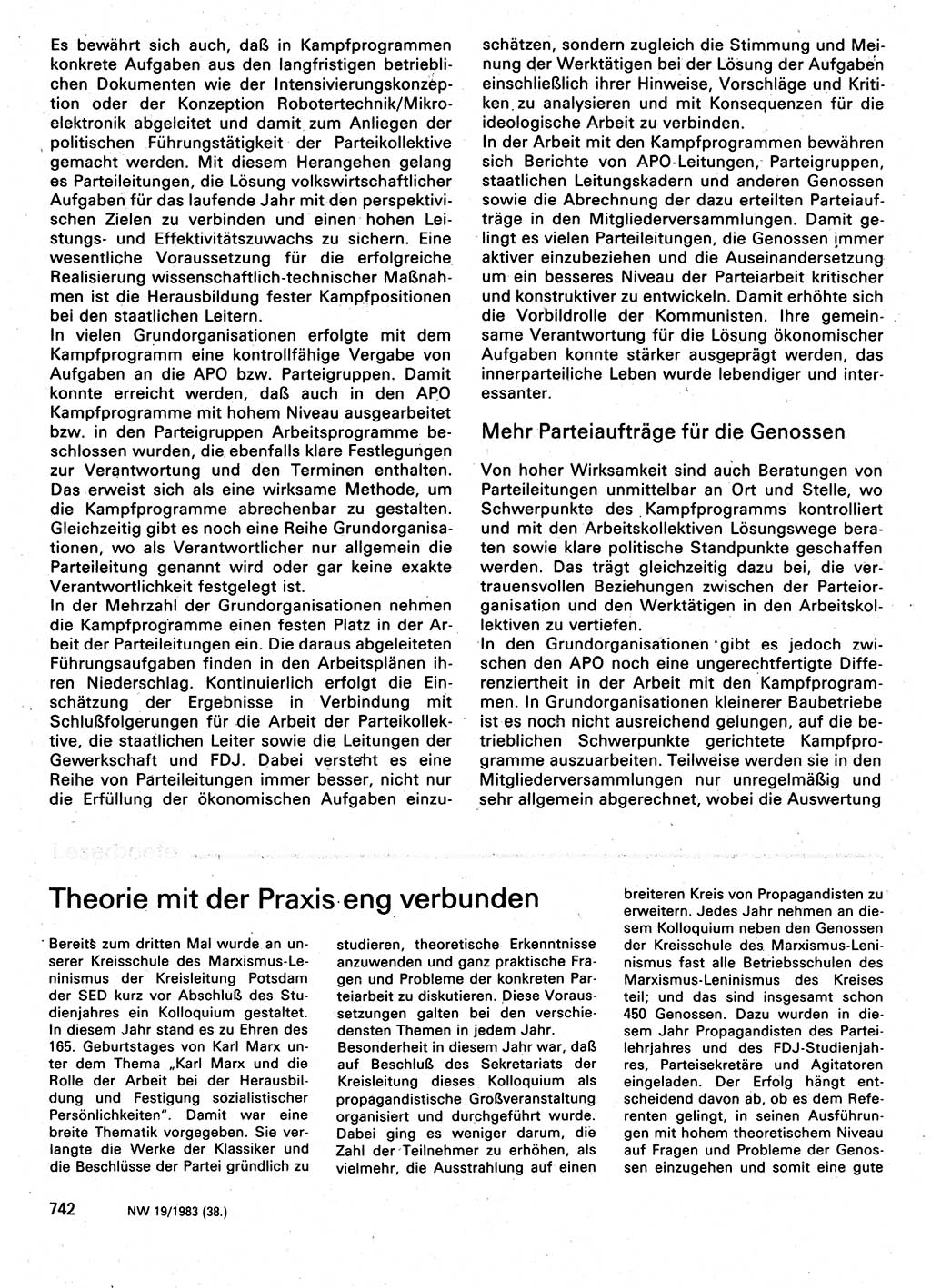 Neuer Weg (NW), Organ des Zentralkomitees (ZK) der SED (Sozialistische Einheitspartei Deutschlands) für Fragen des Parteilebens, 38. Jahrgang [Deutsche Demokratische Republik (DDR)] 1983, Seite 742 (NW ZK SED DDR 1983, S. 742)