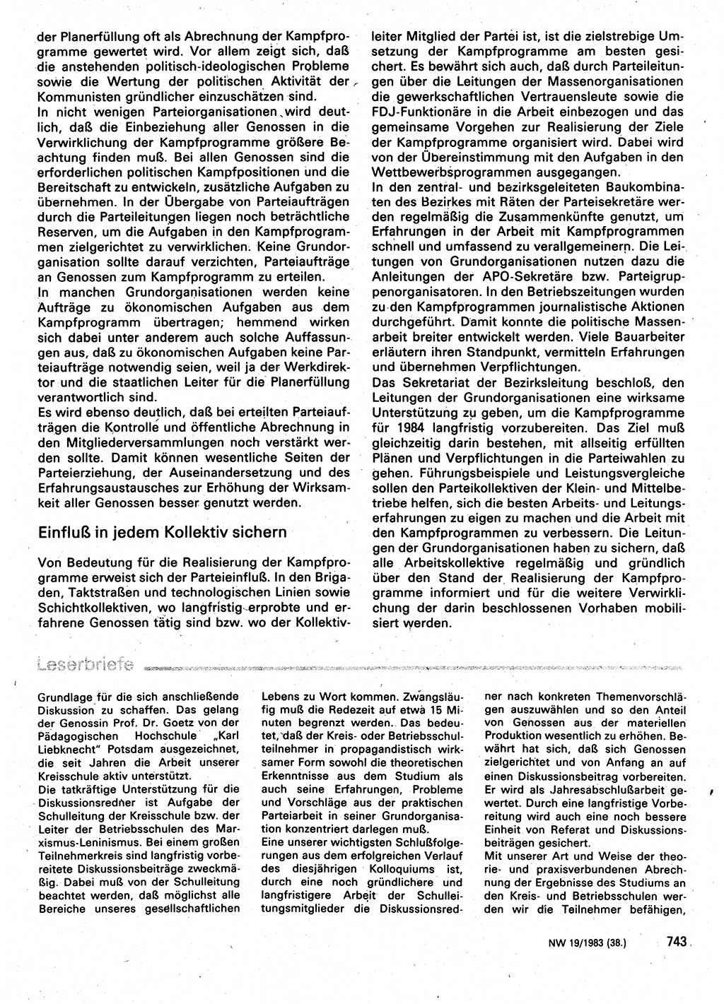Neuer Weg (NW), Organ des Zentralkomitees (ZK) der SED (Sozialistische Einheitspartei Deutschlands) für Fragen des Parteilebens, 38. Jahrgang [Deutsche Demokratische Republik (DDR)] 1983, Seite 743 (NW ZK SED DDR 1983, S. 743)
