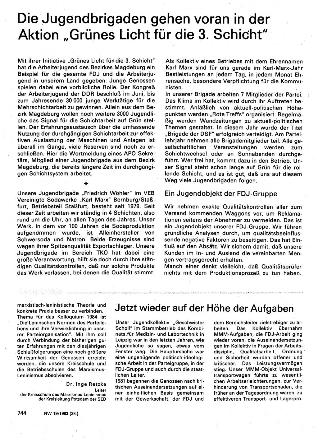 Neuer Weg (NW), Organ des Zentralkomitees (ZK) der SED (Sozialistische Einheitspartei Deutschlands) für Fragen des Parteilebens, 38. Jahrgang [Deutsche Demokratische Republik (DDR)] 1983, Seite 744 (NW ZK SED DDR 1983, S. 744)