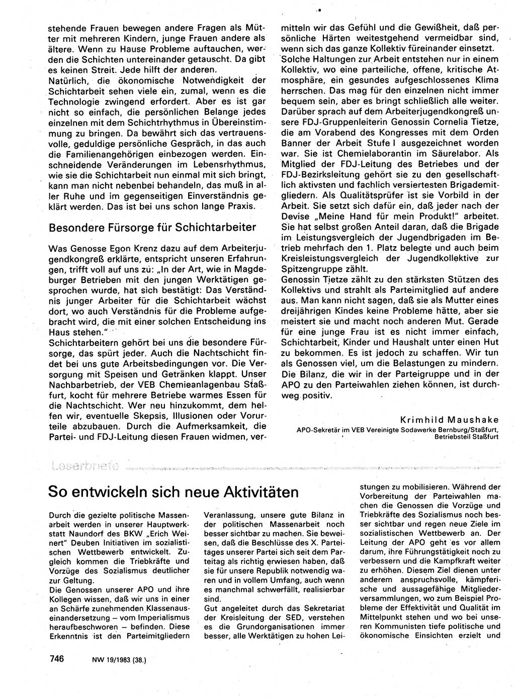 Neuer Weg (NW), Organ des Zentralkomitees (ZK) der SED (Sozialistische Einheitspartei Deutschlands) für Fragen des Parteilebens, 38. Jahrgang [Deutsche Demokratische Republik (DDR)] 1983, Seite 746 (NW ZK SED DDR 1983, S. 746)