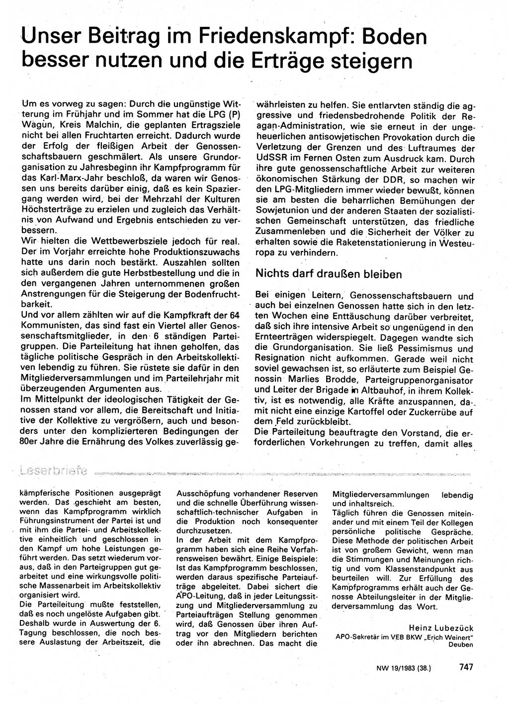 Neuer Weg (NW), Organ des Zentralkomitees (ZK) der SED (Sozialistische Einheitspartei Deutschlands) für Fragen des Parteilebens, 38. Jahrgang [Deutsche Demokratische Republik (DDR)] 1983, Seite 747 (NW ZK SED DDR 1983, S. 747)