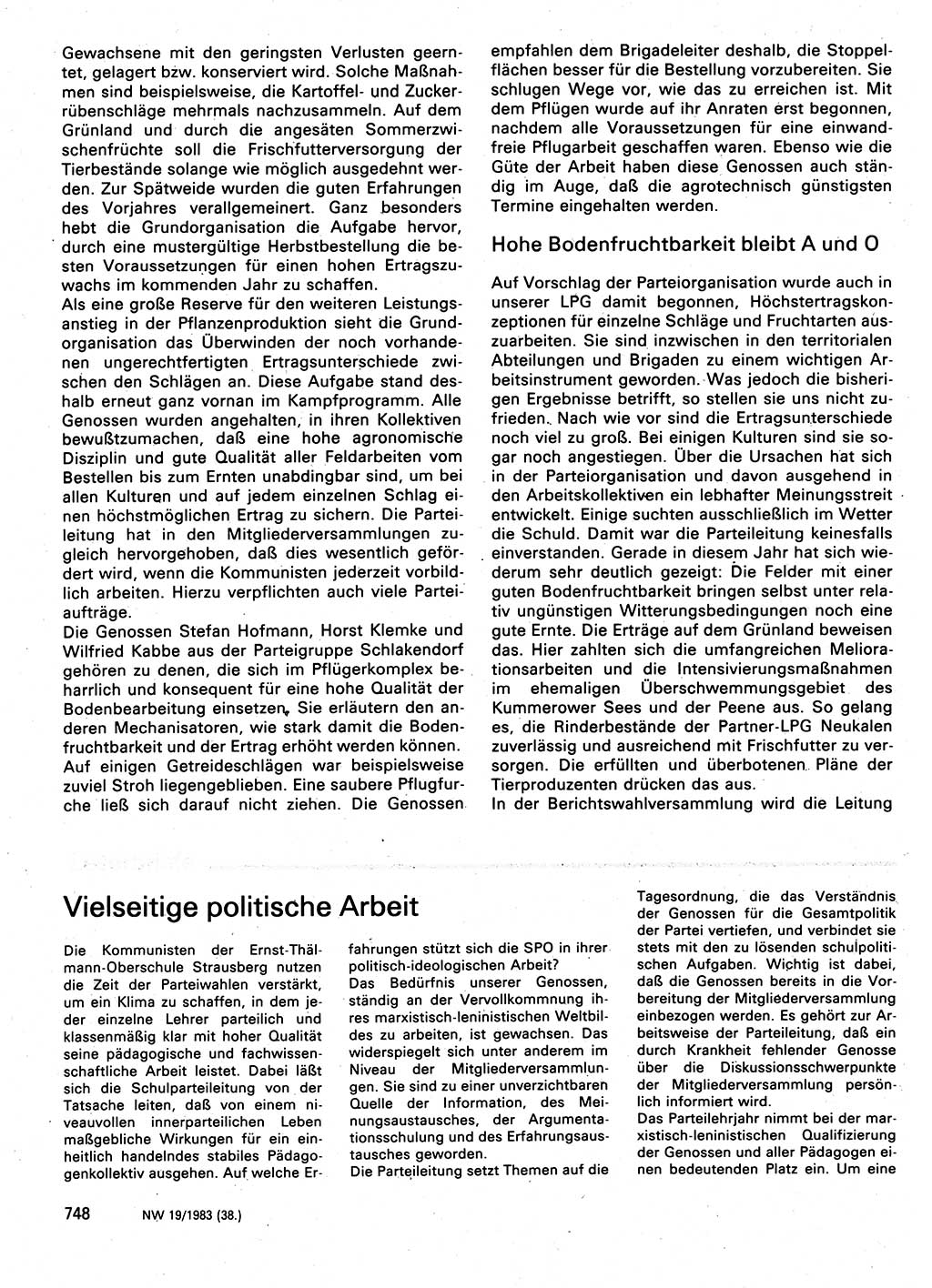 Neuer Weg (NW), Organ des Zentralkomitees (ZK) der SED (Sozialistische Einheitspartei Deutschlands) für Fragen des Parteilebens, 38. Jahrgang [Deutsche Demokratische Republik (DDR)] 1983, Seite 748 (NW ZK SED DDR 1983, S. 748)