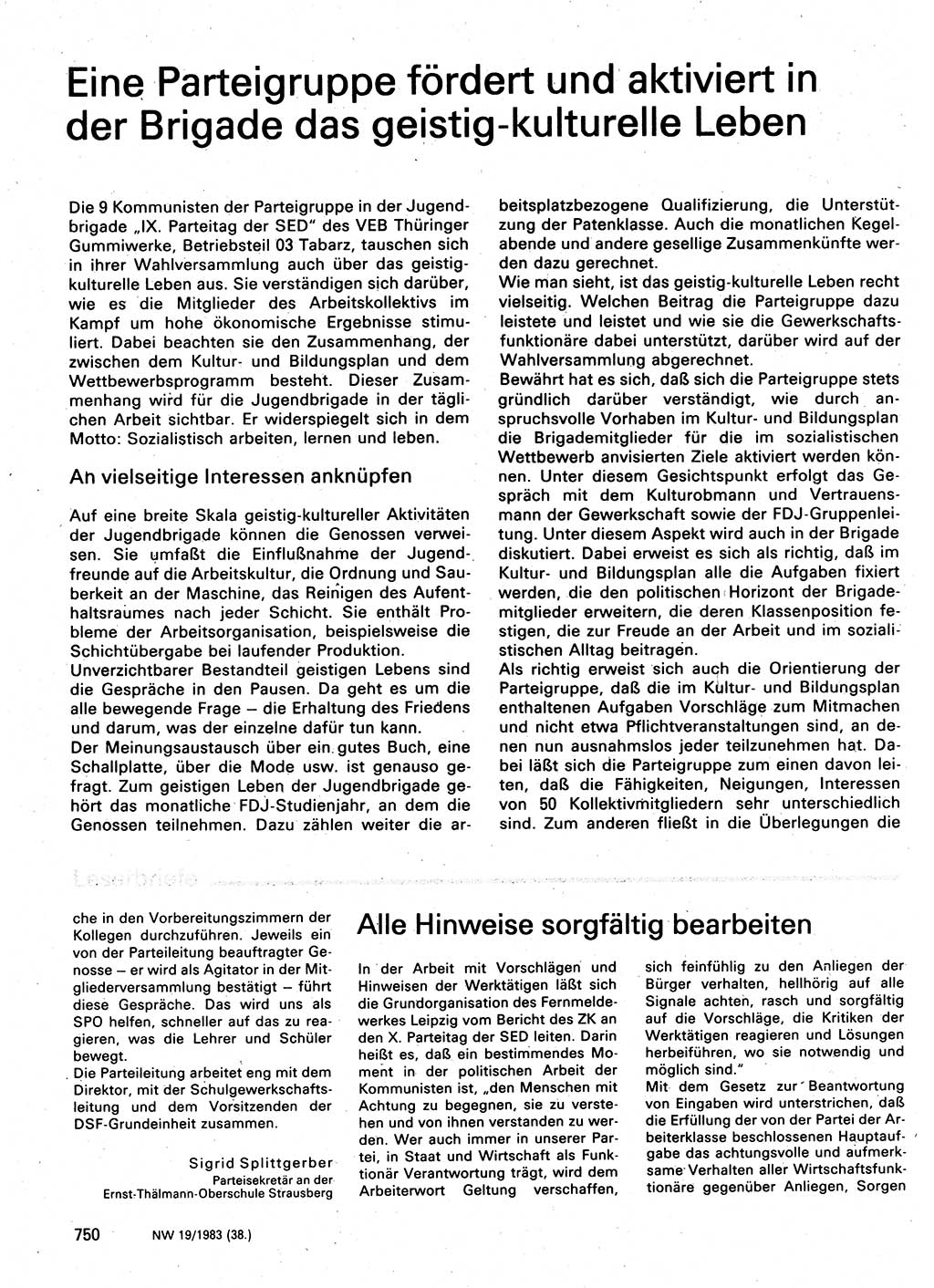 Neuer Weg (NW), Organ des Zentralkomitees (ZK) der SED (Sozialistische Einheitspartei Deutschlands) für Fragen des Parteilebens, 38. Jahrgang [Deutsche Demokratische Republik (DDR)] 1983, Seite 750 (NW ZK SED DDR 1983, S. 750)