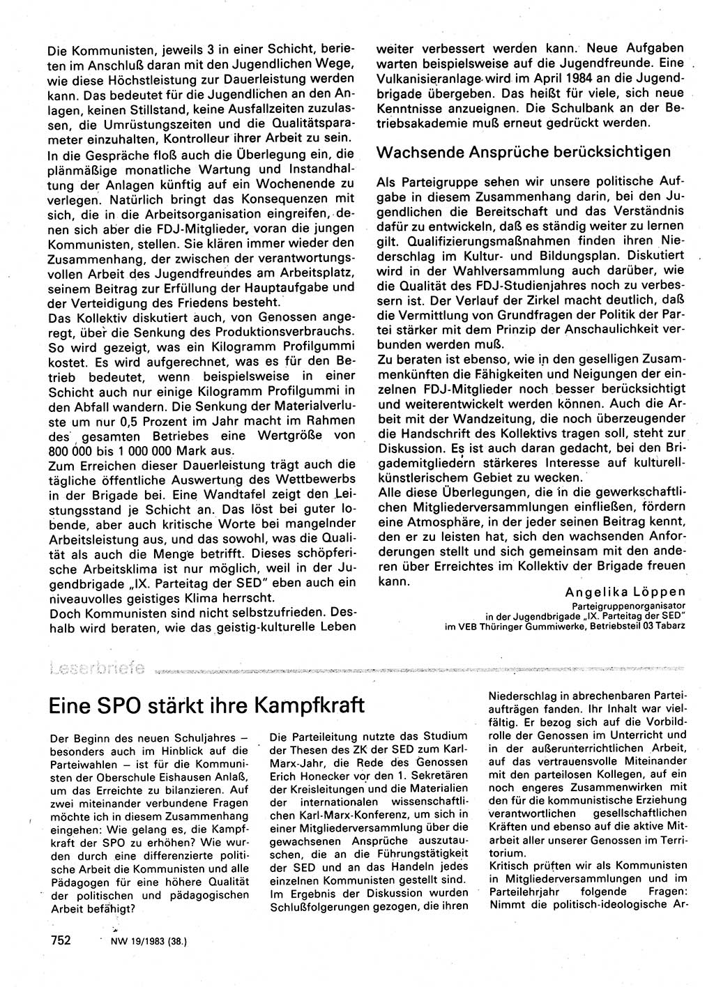 Neuer Weg (NW), Organ des Zentralkomitees (ZK) der SED (Sozialistische Einheitspartei Deutschlands) für Fragen des Parteilebens, 38. Jahrgang [Deutsche Demokratische Republik (DDR)] 1983, Seite 752 (NW ZK SED DDR 1983, S. 752)