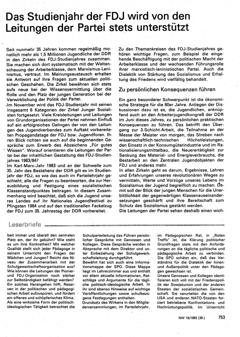 Neuer Weg (NW), Organ des Zentralkomitees (ZK) der SED (Sozialistische Einheitspartei Deutschlands) für Fragen des Parteilebens, 38. Jahrgang [Deutsche Demokratische Republik (DDR)] 1983, Seite 753 (NW ZK SED DDR 1983, S. 753)