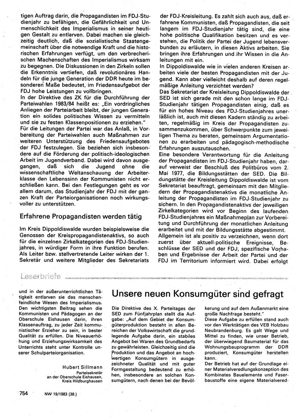 Neuer Weg (NW), Organ des Zentralkomitees (ZK) der SED (Sozialistische Einheitspartei Deutschlands) für Fragen des Parteilebens, 38. Jahrgang [Deutsche Demokratische Republik (DDR)] 1983, Seite 754 (NW ZK SED DDR 1983, S. 754)