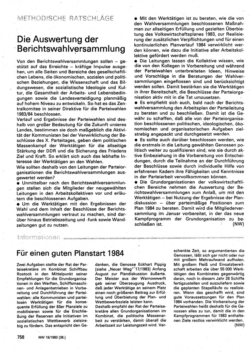Neuer Weg (NW), Organ des Zentralkomitees (ZK) der SED (Sozialistische Einheitspartei Deutschlands) für Fragen des Parteilebens, 38. Jahrgang [Deutsche Demokratische Republik (DDR)] 1983, Seite 758 (NW ZK SED DDR 1983, S. 758)