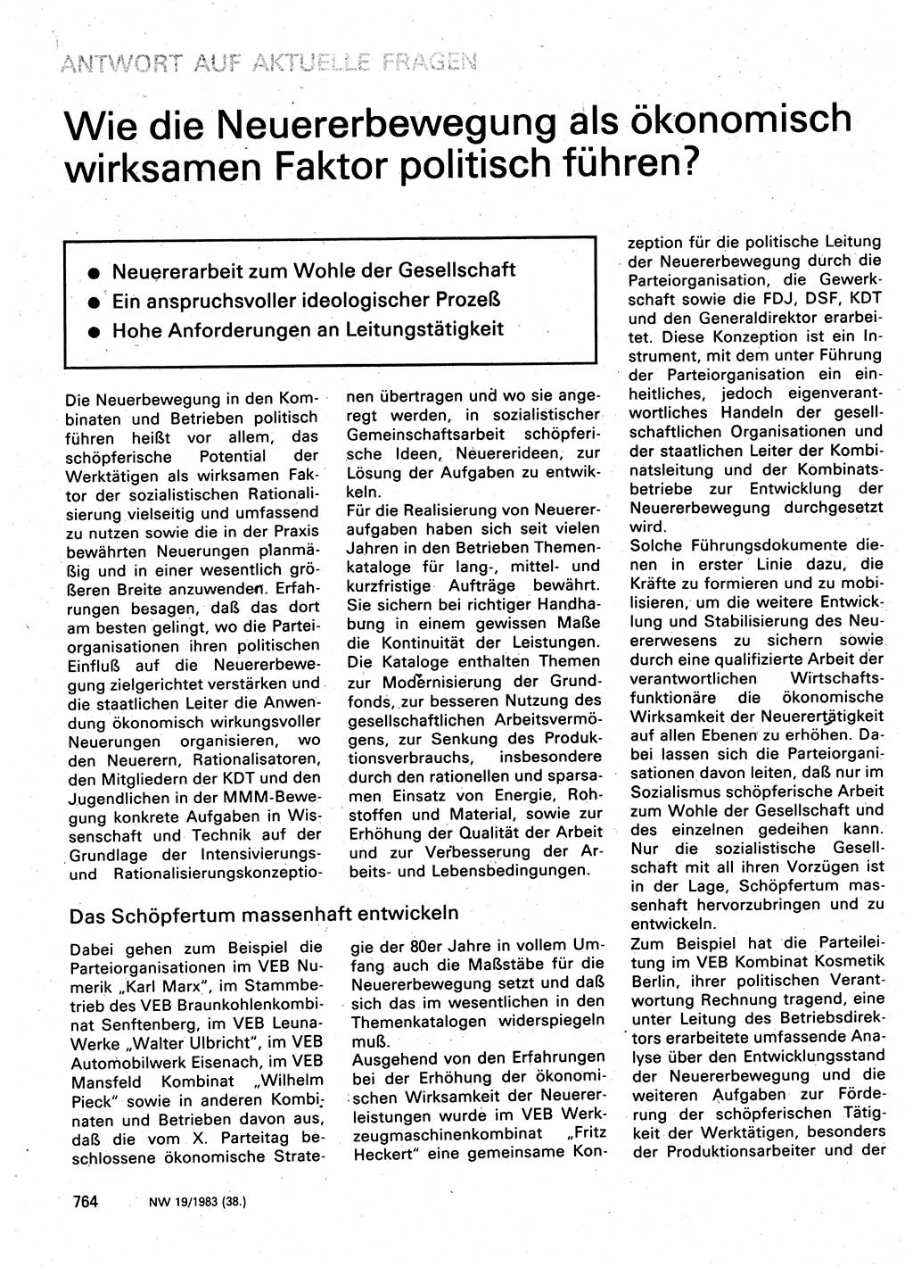 Neuer Weg (NW), Organ des Zentralkomitees (ZK) der SED (Sozialistische Einheitspartei Deutschlands) für Fragen des Parteilebens, 38. Jahrgang [Deutsche Demokratische Republik (DDR)] 1983, Seite 764 (NW ZK SED DDR 1983, S. 764)