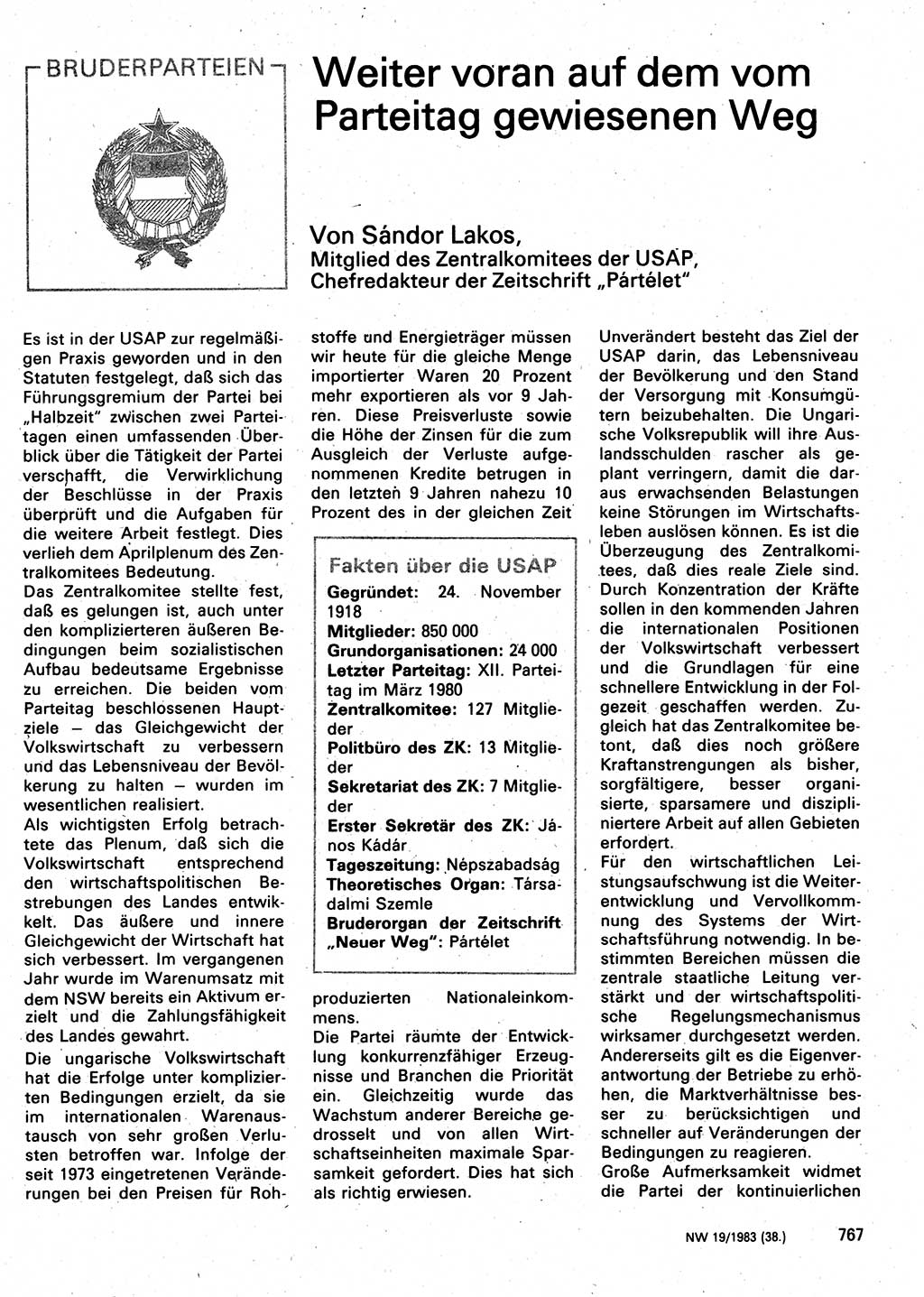 Neuer Weg (NW), Organ des Zentralkomitees (ZK) der SED (Sozialistische Einheitspartei Deutschlands) für Fragen des Parteilebens, 38. Jahrgang [Deutsche Demokratische Republik (DDR)] 1983, Seite 767 (NW ZK SED DDR 1983, S. 767)