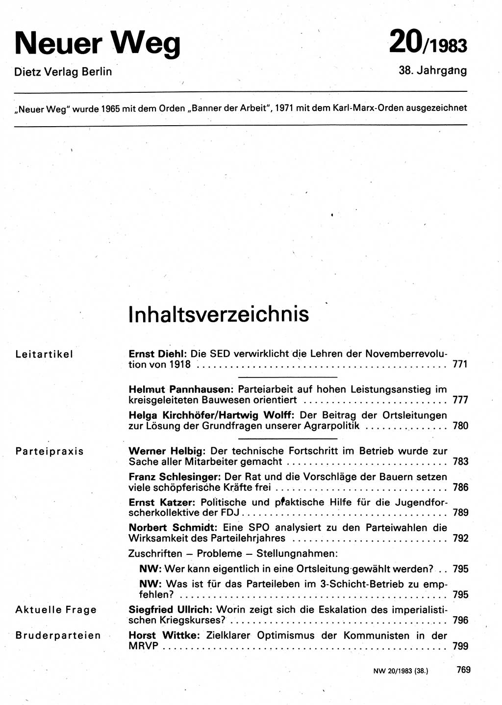 Neuer Weg (NW), Organ des Zentralkomitees (ZK) der SED (Sozialistische Einheitspartei Deutschlands) für Fragen des Parteilebens, 38. Jahrgang [Deutsche Demokratische Republik (DDR)] 1983, Seite 769 (NW ZK SED DDR 1983, S. 769)