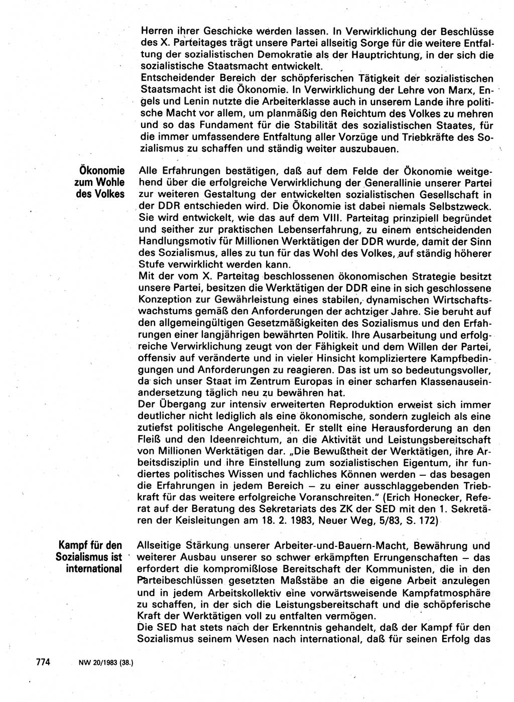 Neuer Weg (NW), Organ des Zentralkomitees (ZK) der SED (Sozialistische Einheitspartei Deutschlands) für Fragen des Parteilebens, 38. Jahrgang [Deutsche Demokratische Republik (DDR)] 1983, Seite 774 (NW ZK SED DDR 1983, S. 774)