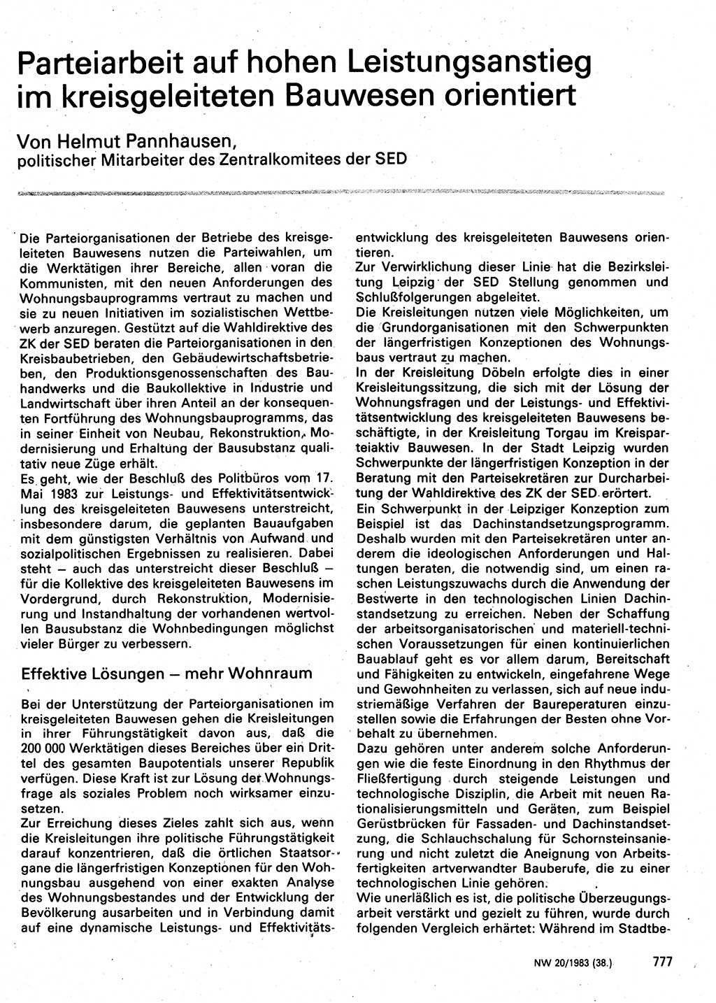 Neuer Weg (NW), Organ des Zentralkomitees (ZK) der SED (Sozialistische Einheitspartei Deutschlands) für Fragen des Parteilebens, 38. Jahrgang [Deutsche Demokratische Republik (DDR)] 1983, Seite 777 (NW ZK SED DDR 1983, S. 777)