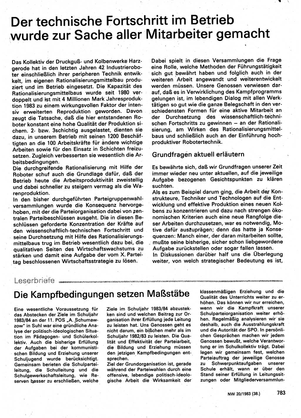 Neuer Weg (NW), Organ des Zentralkomitees (ZK) der SED (Sozialistische Einheitspartei Deutschlands) für Fragen des Parteilebens, 38. Jahrgang [Deutsche Demokratische Republik (DDR)] 1983, Seite 783 (NW ZK SED DDR 1983, S. 783)