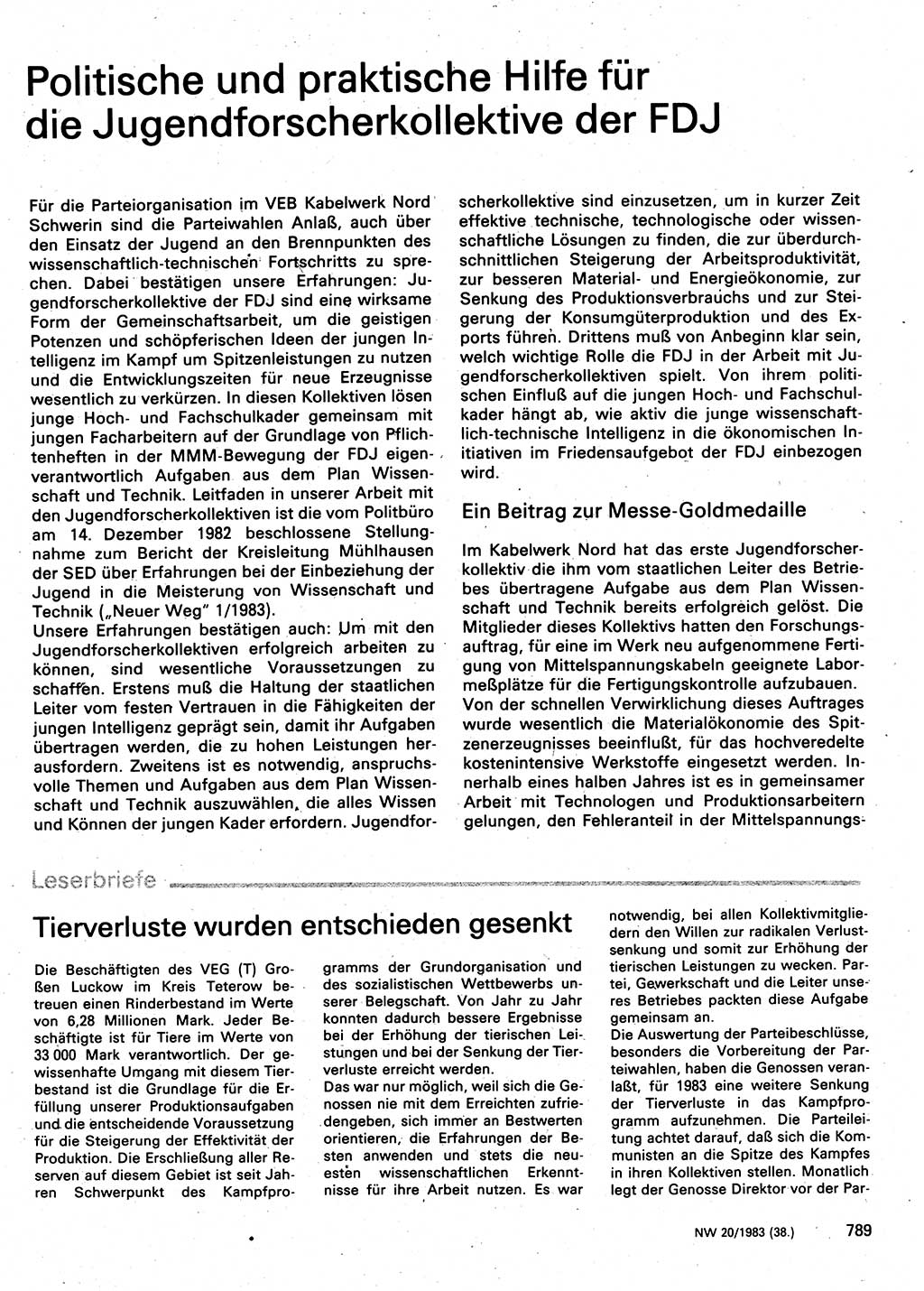 Neuer Weg (NW), Organ des Zentralkomitees (ZK) der SED (Sozialistische Einheitspartei Deutschlands) für Fragen des Parteilebens, 38. Jahrgang [Deutsche Demokratische Republik (DDR)] 1983, Seite 789 (NW ZK SED DDR 1983, S. 789)