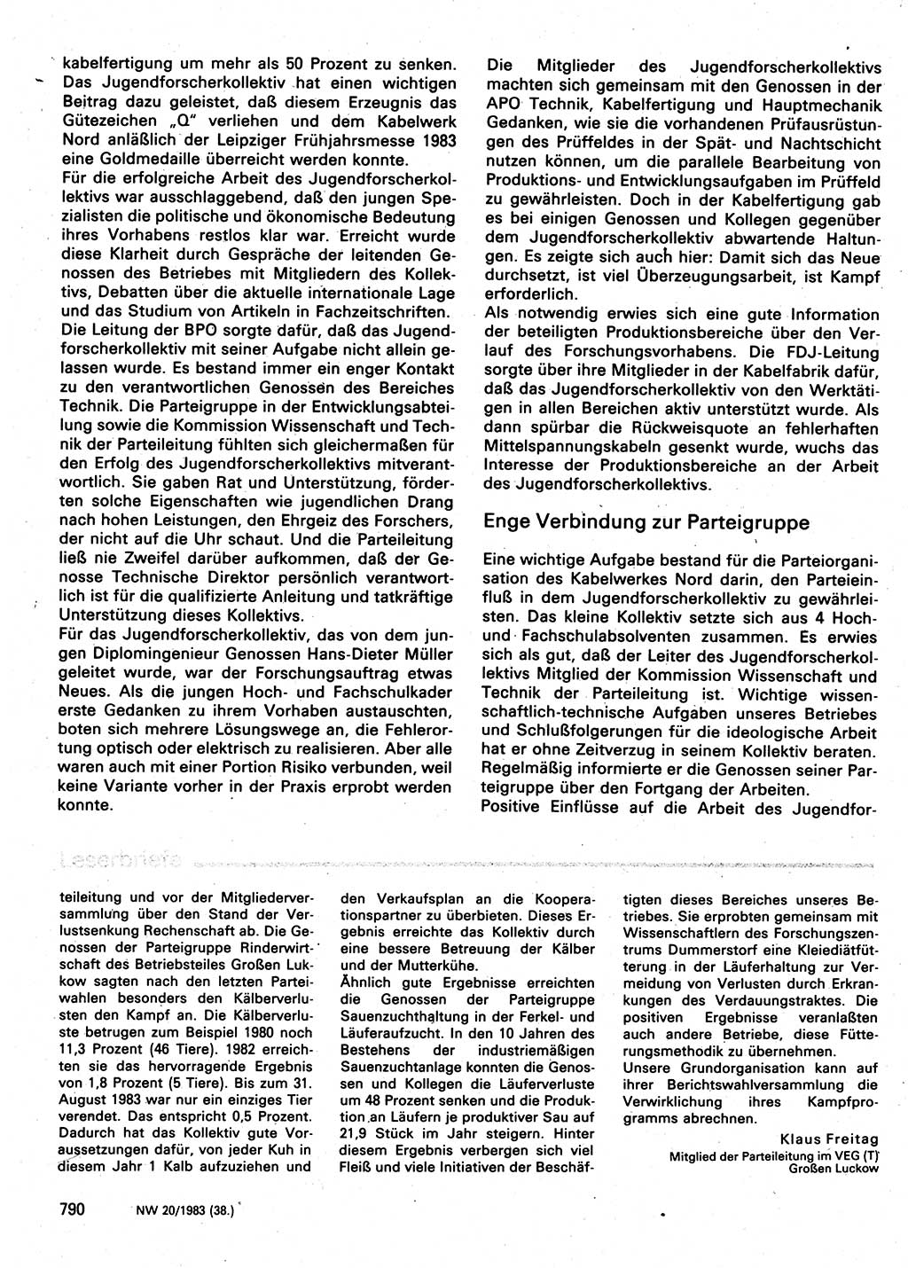 Neuer Weg (NW), Organ des Zentralkomitees (ZK) der SED (Sozialistische Einheitspartei Deutschlands) für Fragen des Parteilebens, 38. Jahrgang [Deutsche Demokratische Republik (DDR)] 1983, Seite 790 (NW ZK SED DDR 1983, S. 790)