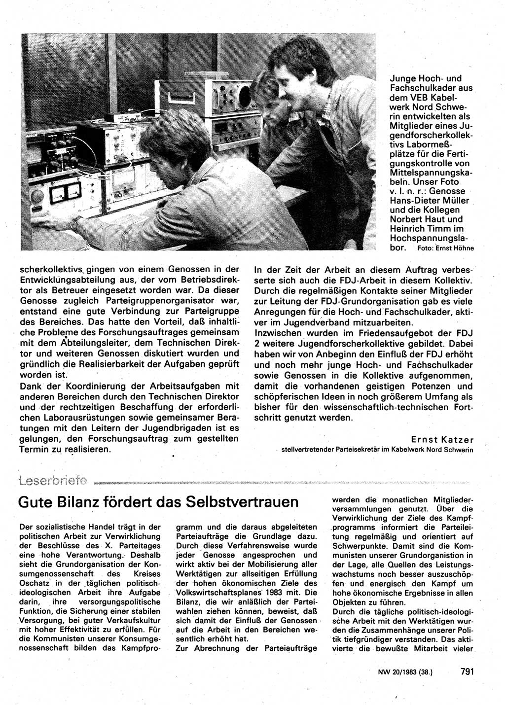 Neuer Weg (NW), Organ des Zentralkomitees (ZK) der SED (Sozialistische Einheitspartei Deutschlands) für Fragen des Parteilebens, 38. Jahrgang [Deutsche Demokratische Republik (DDR)] 1983, Seite 791 (NW ZK SED DDR 1983, S. 791)