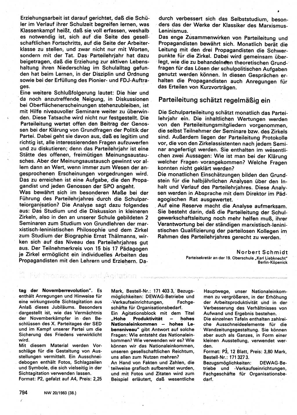 Neuer Weg (NW), Organ des Zentralkomitees (ZK) der SED (Sozialistische Einheitspartei Deutschlands) für Fragen des Parteilebens, 38. Jahrgang [Deutsche Demokratische Republik (DDR)] 1983, Seite 794 (NW ZK SED DDR 1983, S. 794)
