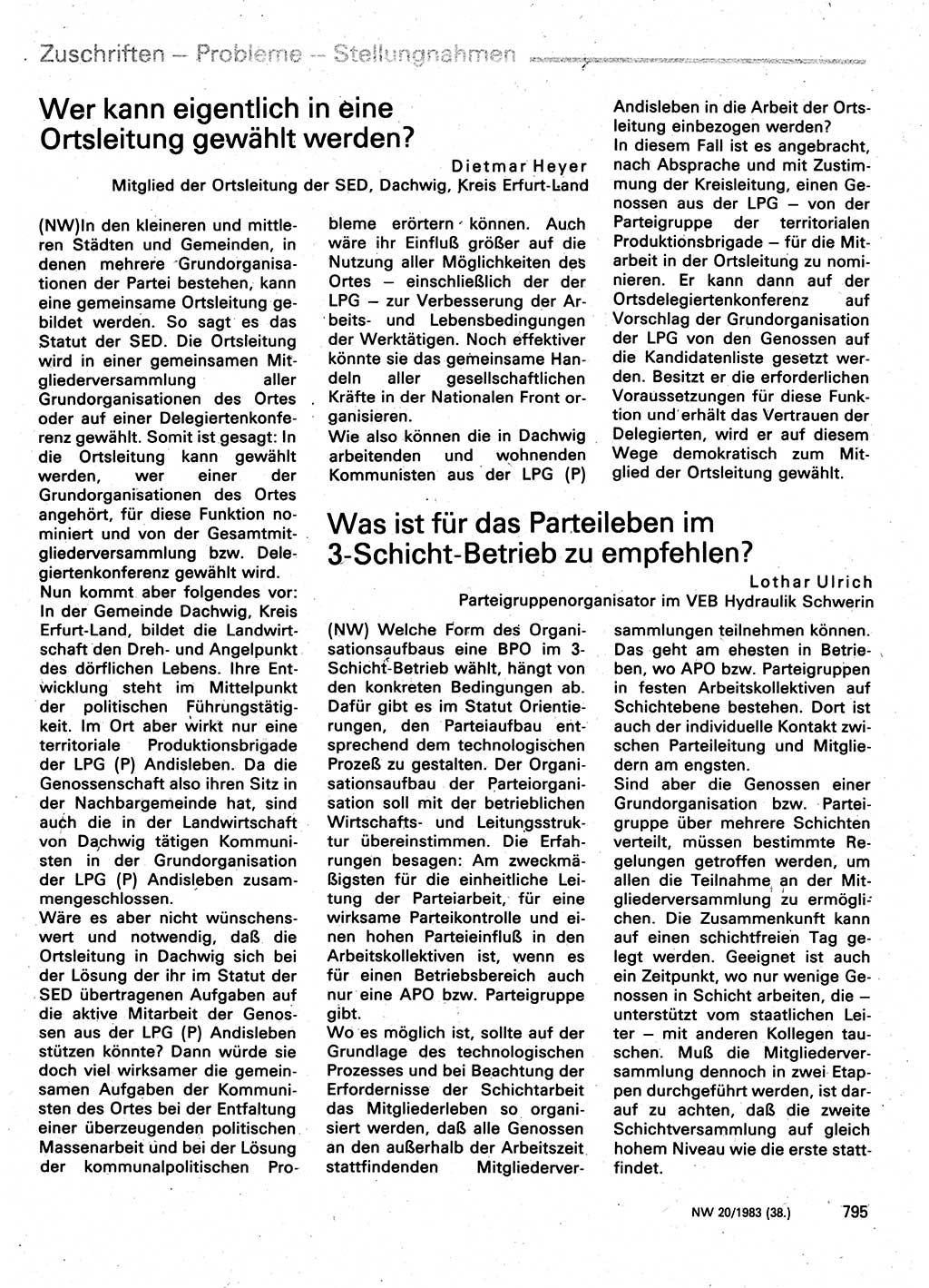 Neuer Weg (NW), Organ des Zentralkomitees (ZK) der SED (Sozialistische Einheitspartei Deutschlands) für Fragen des Parteilebens, 38. Jahrgang [Deutsche Demokratische Republik (DDR)] 1983, Seite 795 (NW ZK SED DDR 1983, S. 795)