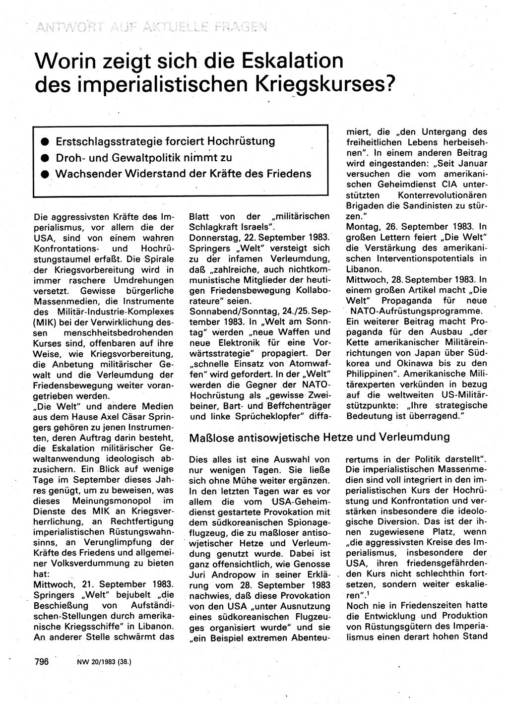 Neuer Weg (NW), Organ des Zentralkomitees (ZK) der SED (Sozialistische Einheitspartei Deutschlands) für Fragen des Parteilebens, 38. Jahrgang [Deutsche Demokratische Republik (DDR)] 1983, Seite 796 (NW ZK SED DDR 1983, S. 796)