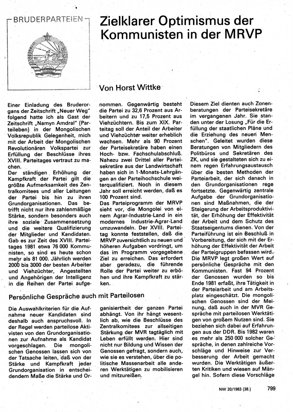 Neuer Weg (NW), Organ des Zentralkomitees (ZK) der SED (Sozialistische Einheitspartei Deutschlands) für Fragen des Parteilebens, 38. Jahrgang [Deutsche Demokratische Republik (DDR)] 1983, Seite 799 (NW ZK SED DDR 1983, S. 799)