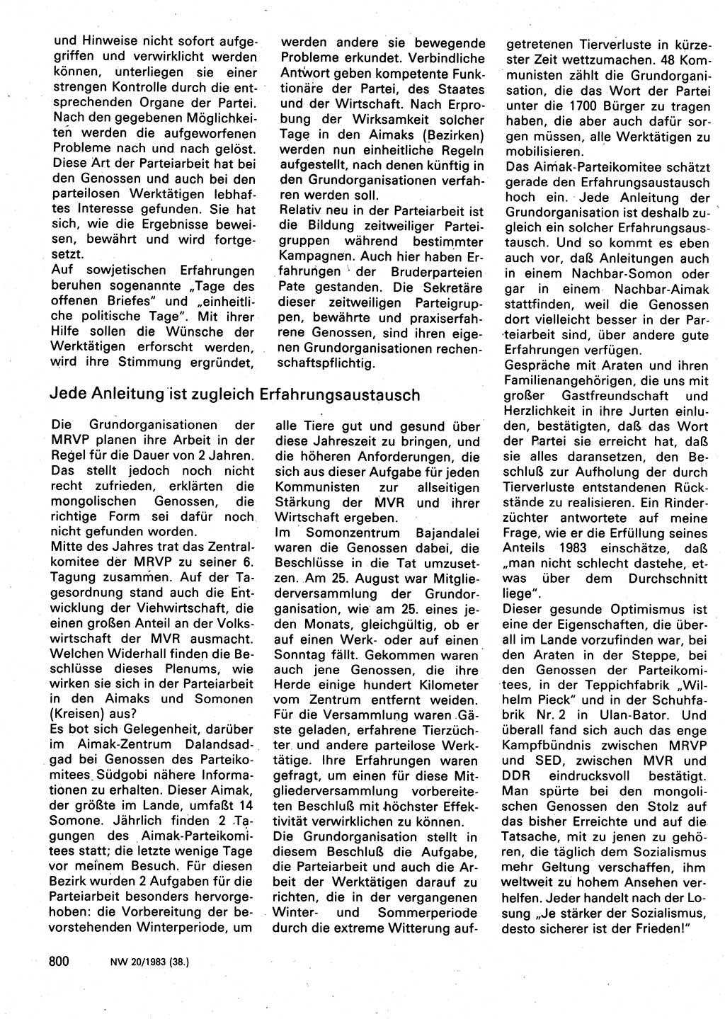 Neuer Weg (NW), Organ des Zentralkomitees (ZK) der SED (Sozialistische Einheitspartei Deutschlands) für Fragen des Parteilebens, 38. Jahrgang [Deutsche Demokratische Republik (DDR)] 1983, Seite 800 (NW ZK SED DDR 1983, S. 800)