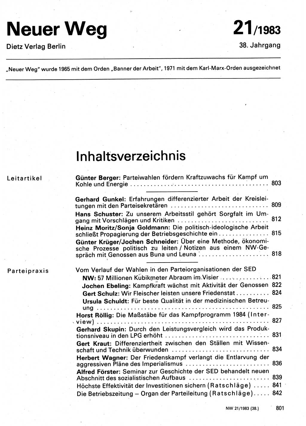 Neuer Weg (NW), Organ des Zentralkomitees (ZK) der SED (Sozialistische Einheitspartei Deutschlands) für Fragen des Parteilebens, 38. Jahrgang [Deutsche Demokratische Republik (DDR)] 1983, Seite 801 (NW ZK SED DDR 1983, S. 801)