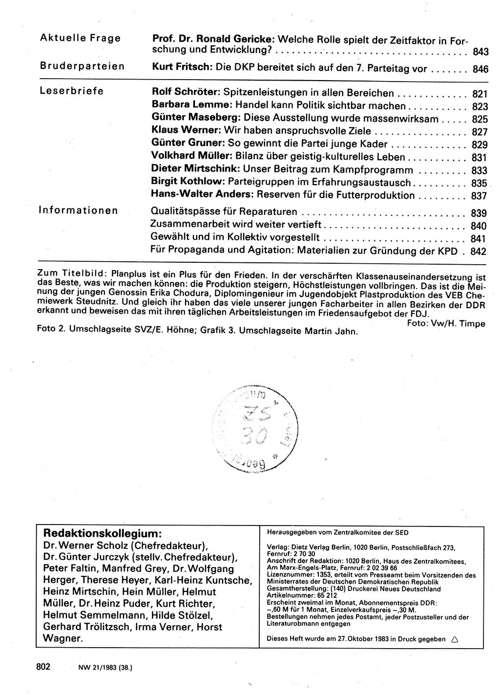 Neuer Weg (NW), Organ des Zentralkomitees (ZK) der SED (Sozialistische Einheitspartei Deutschlands) für Fragen des Parteilebens, 38. Jahrgang [Deutsche Demokratische Republik (DDR)] 1983, Seite 802 (NW ZK SED DDR 1983, S. 802)