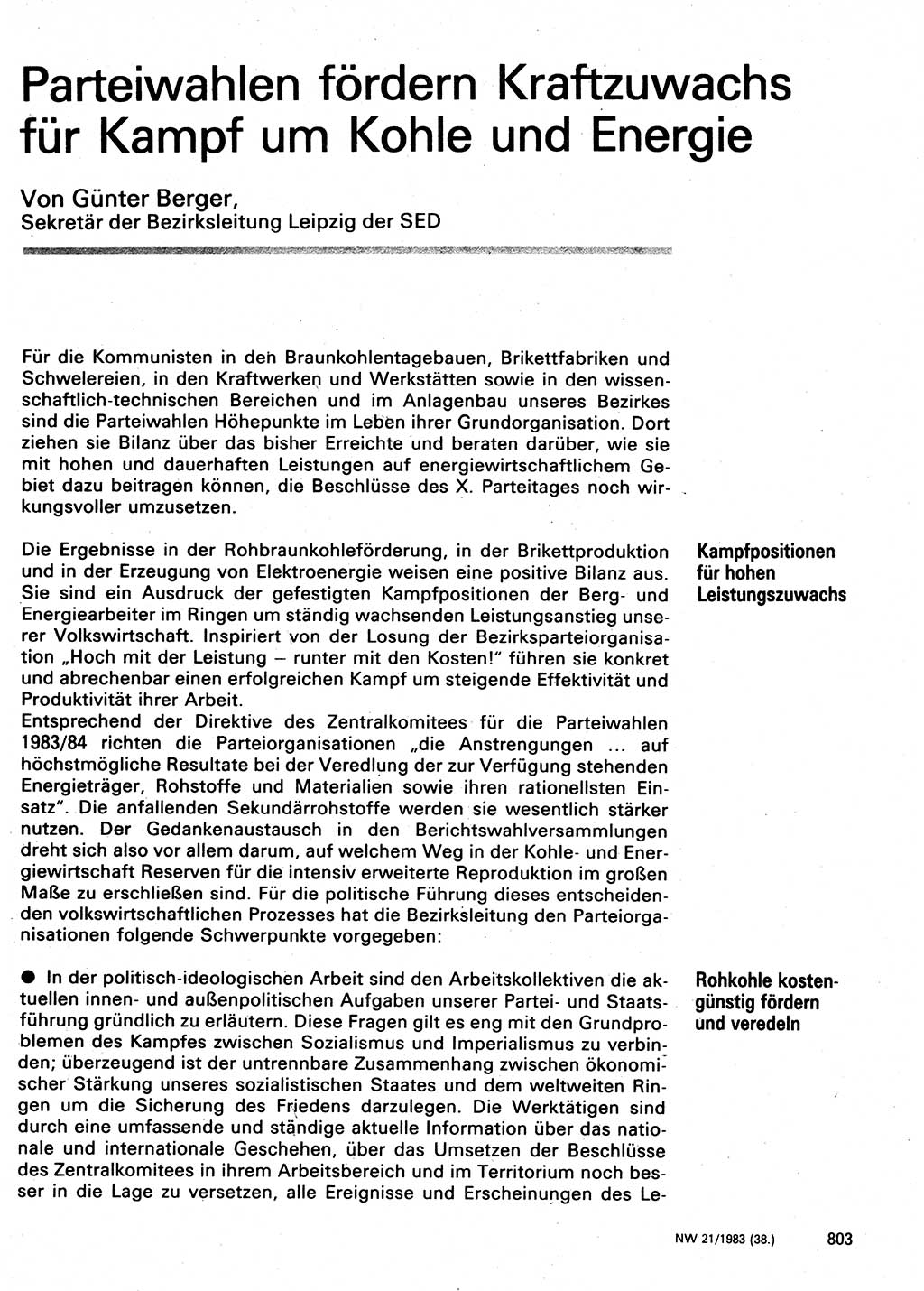 Neuer Weg (NW), Organ des Zentralkomitees (ZK) der SED (Sozialistische Einheitspartei Deutschlands) für Fragen des Parteilebens, 38. Jahrgang [Deutsche Demokratische Republik (DDR)] 1983, Seite 803 (NW ZK SED DDR 1983, S. 803)