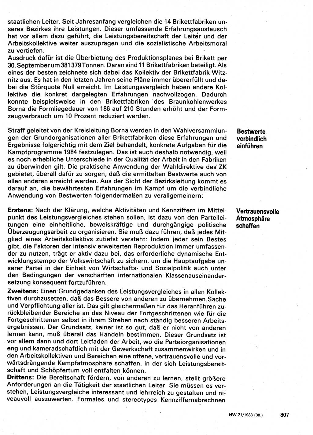 Neuer Weg (NW), Organ des Zentralkomitees (ZK) der SED (Sozialistische Einheitspartei Deutschlands) für Fragen des Parteilebens, 38. Jahrgang [Deutsche Demokratische Republik (DDR)] 1983, Seite 807 (NW ZK SED DDR 1983, S. 807)