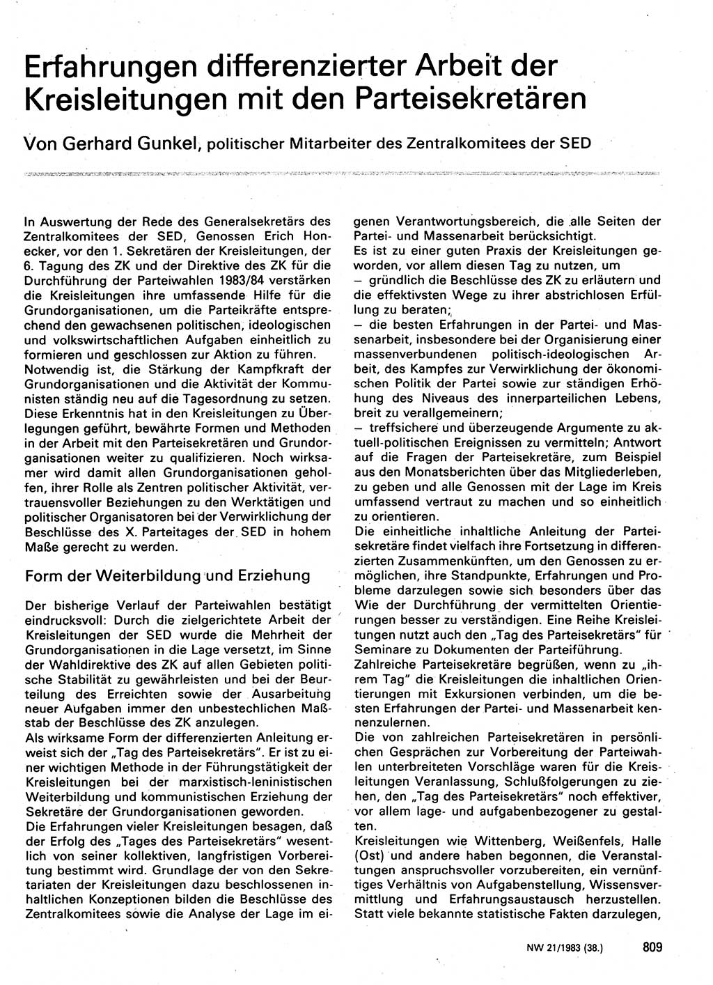 Neuer Weg (NW), Organ des Zentralkomitees (ZK) der SED (Sozialistische Einheitspartei Deutschlands) für Fragen des Parteilebens, 38. Jahrgang [Deutsche Demokratische Republik (DDR)] 1983, Seite 809 (NW ZK SED DDR 1983, S. 809)