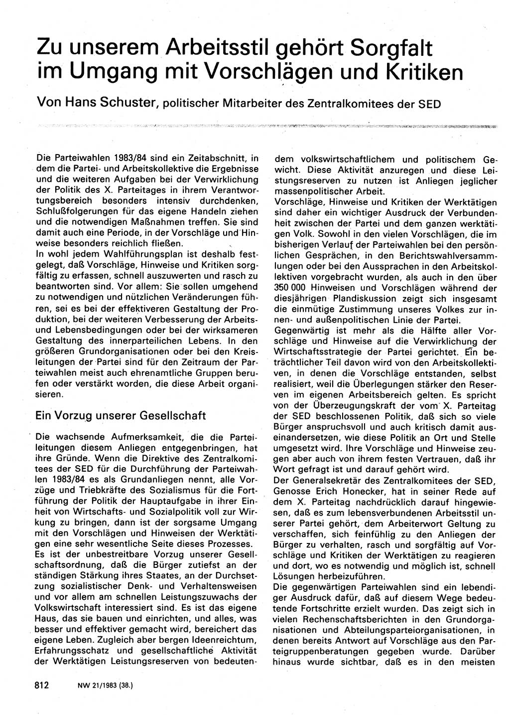 Neuer Weg (NW), Organ des Zentralkomitees (ZK) der SED (Sozialistische Einheitspartei Deutschlands) für Fragen des Parteilebens, 38. Jahrgang [Deutsche Demokratische Republik (DDR)] 1983, Seite 812 (NW ZK SED DDR 1983, S. 812)