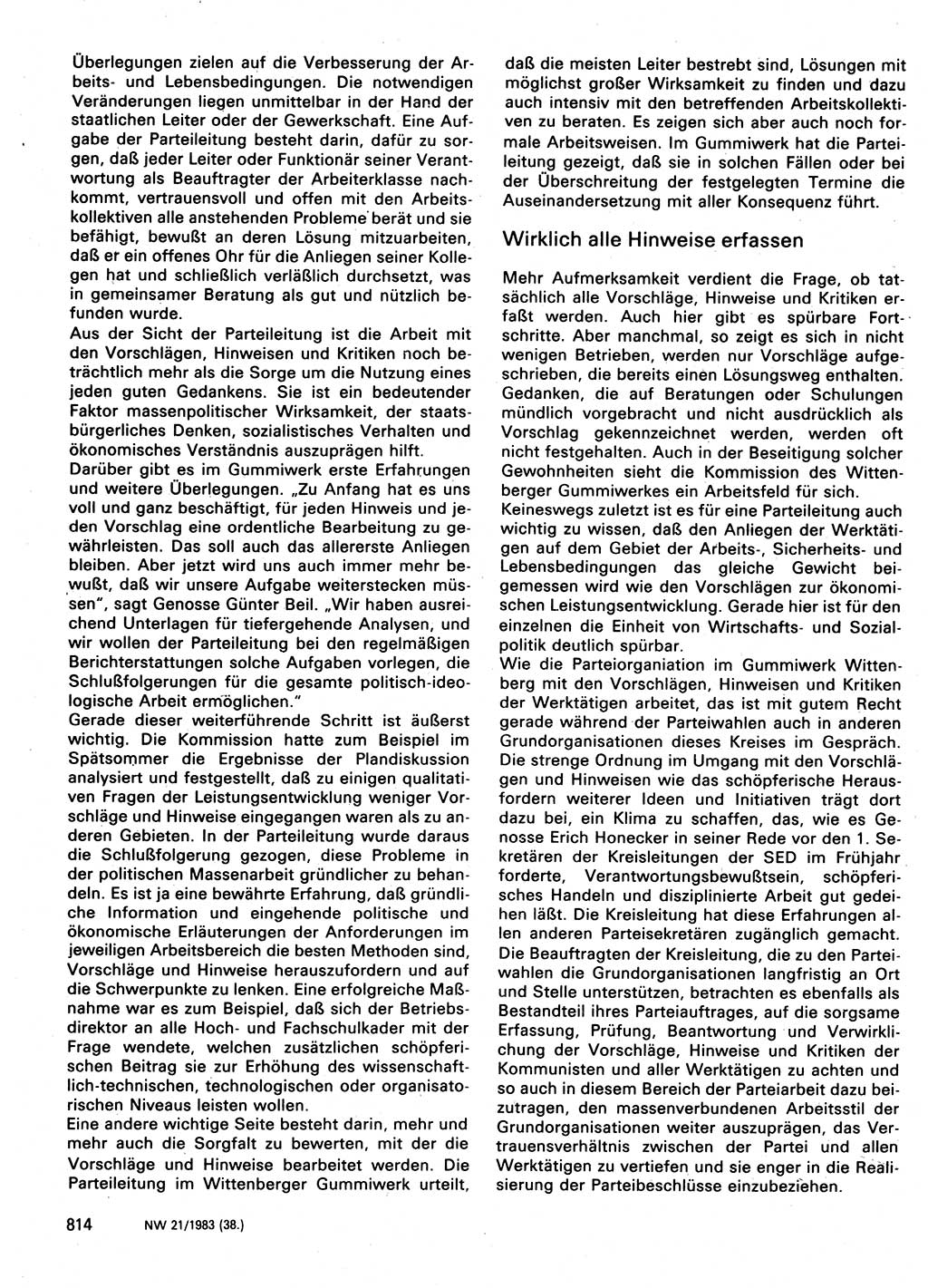 Neuer Weg (NW), Organ des Zentralkomitees (ZK) der SED (Sozialistische Einheitspartei Deutschlands) für Fragen des Parteilebens, 38. Jahrgang [Deutsche Demokratische Republik (DDR)] 1983, Seite 814 (NW ZK SED DDR 1983, S. 814)