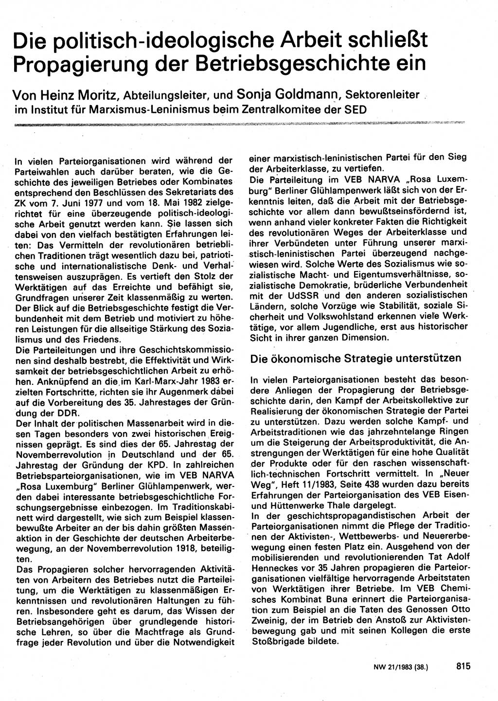 Neuer Weg (NW), Organ des Zentralkomitees (ZK) der SED (Sozialistische Einheitspartei Deutschlands) für Fragen des Parteilebens, 38. Jahrgang [Deutsche Demokratische Republik (DDR)] 1983, Seite 815 (NW ZK SED DDR 1983, S. 815)