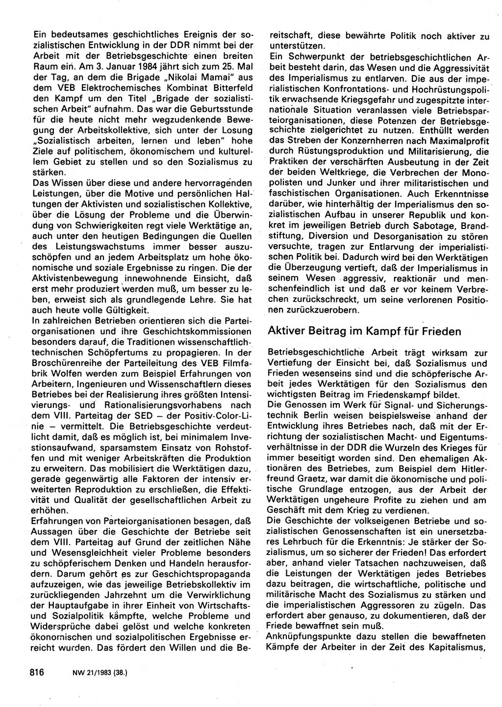 Neuer Weg (NW), Organ des Zentralkomitees (ZK) der SED (Sozialistische Einheitspartei Deutschlands) für Fragen des Parteilebens, 38. Jahrgang [Deutsche Demokratische Republik (DDR)] 1983, Seite 816 (NW ZK SED DDR 1983, S. 816)