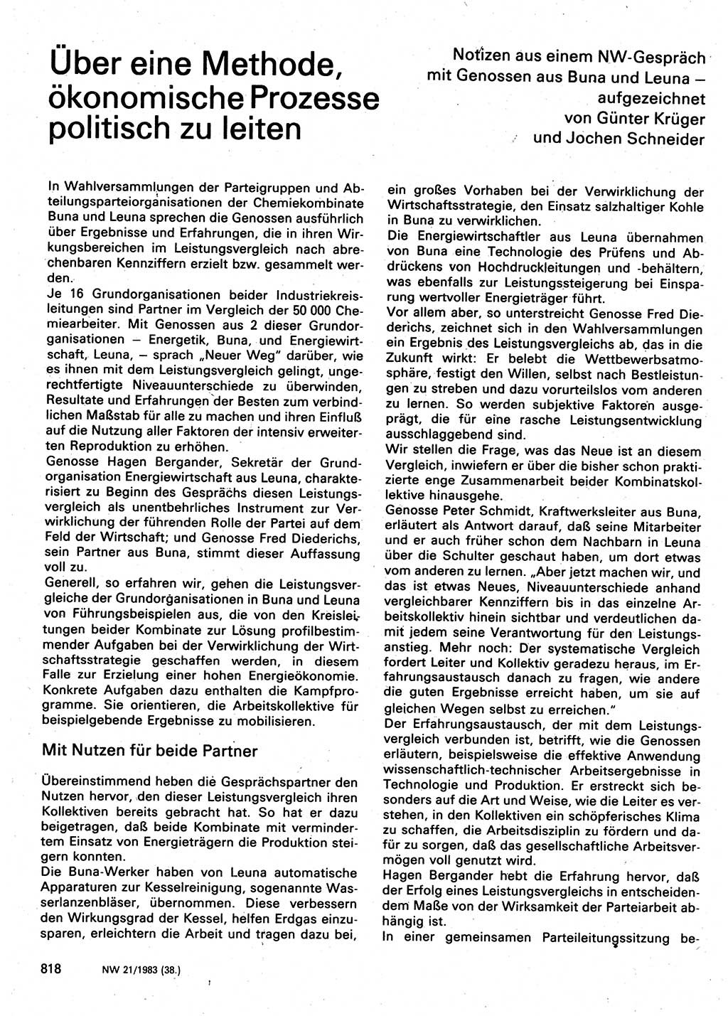 Neuer Weg (NW), Organ des Zentralkomitees (ZK) der SED (Sozialistische Einheitspartei Deutschlands) für Fragen des Parteilebens, 38. Jahrgang [Deutsche Demokratische Republik (DDR)] 1983, Seite 818 (NW ZK SED DDR 1983, S. 818)