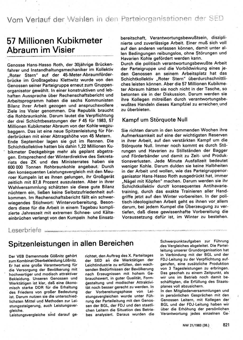 Neuer Weg (NW), Organ des Zentralkomitees (ZK) der SED (Sozialistische Einheitspartei Deutschlands) für Fragen des Parteilebens, 38. Jahrgang [Deutsche Demokratische Republik (DDR)] 1983, Seite 821 (NW ZK SED DDR 1983, S. 821)