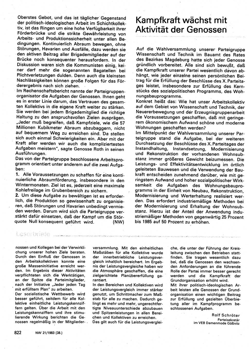 Neuer Weg (NW), Organ des Zentralkomitees (ZK) der SED (Sozialistische Einheitspartei Deutschlands) für Fragen des Parteilebens, 38. Jahrgang [Deutsche Demokratische Republik (DDR)] 1983, Seite 822 (NW ZK SED DDR 1983, S. 822)