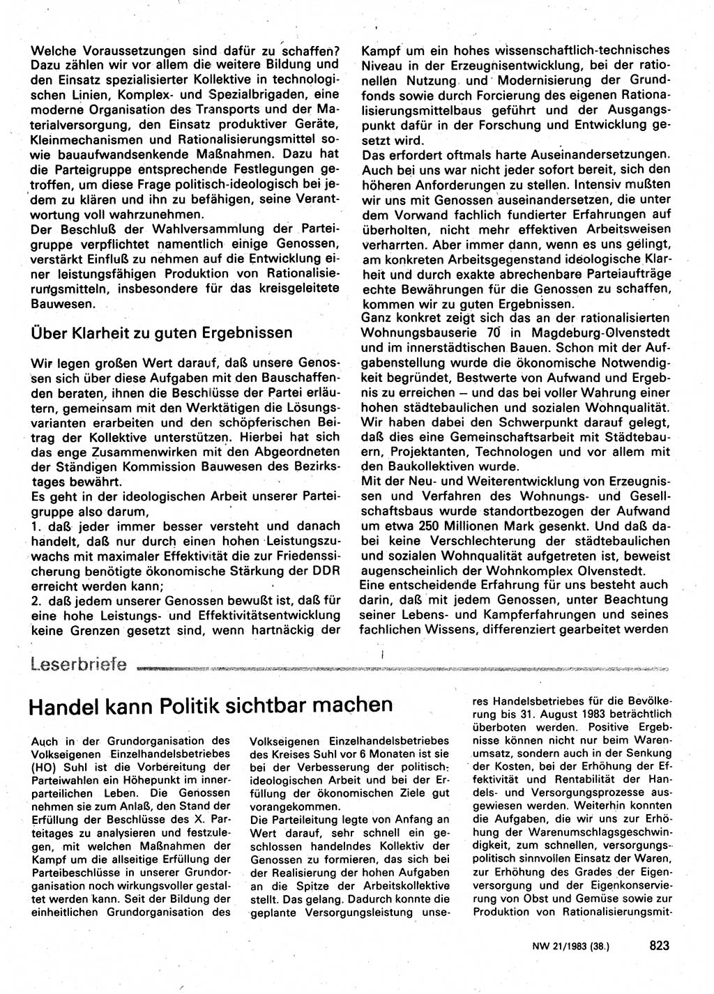 Neuer Weg (NW), Organ des Zentralkomitees (ZK) der SED (Sozialistische Einheitspartei Deutschlands) für Fragen des Parteilebens, 38. Jahrgang [Deutsche Demokratische Republik (DDR)] 1983, Seite 823 (NW ZK SED DDR 1983, S. 823)