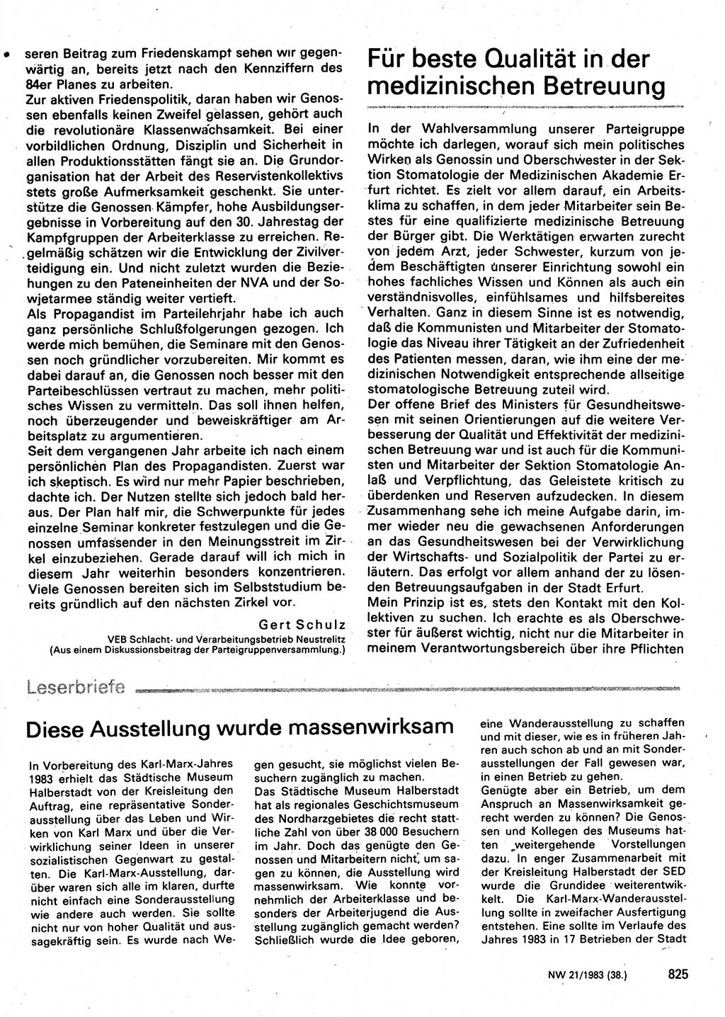Neuer Weg (NW), Organ des Zentralkomitees (ZK) der SED (Sozialistische Einheitspartei Deutschlands) für Fragen des Parteilebens, 38. Jahrgang [Deutsche Demokratische Republik (DDR)] 1983, Seite 825 (NW ZK SED DDR 1983, S. 825)
