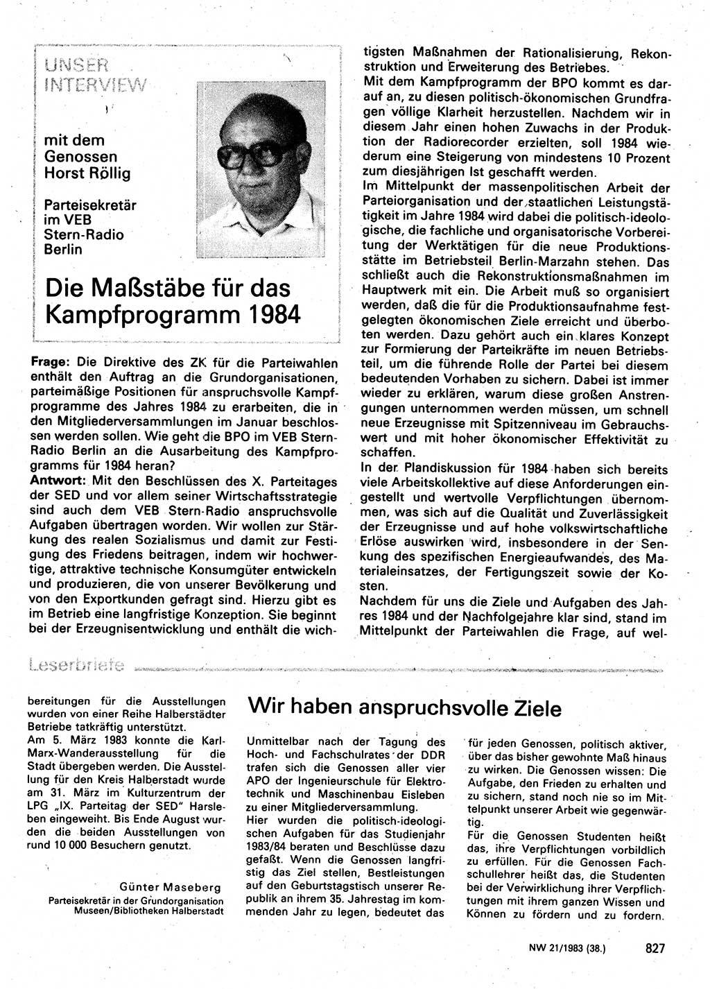 Neuer Weg (NW), Organ des Zentralkomitees (ZK) der SED (Sozialistische Einheitspartei Deutschlands) für Fragen des Parteilebens, 38. Jahrgang [Deutsche Demokratische Republik (DDR)] 1983, Seite 827 (NW ZK SED DDR 1983, S. 827)